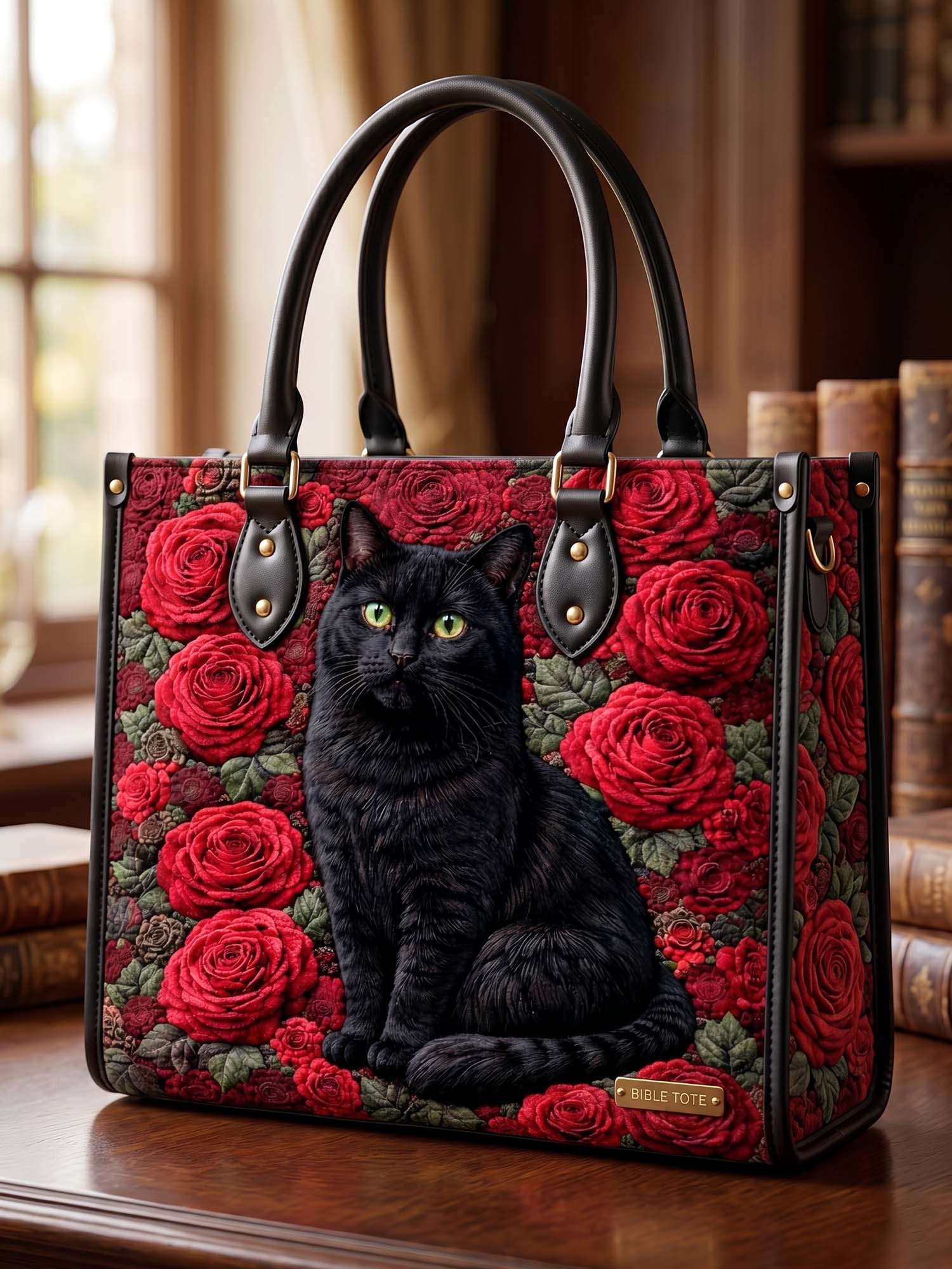 Rose And Black Cat Quilted Leather Strap Bible Handbag