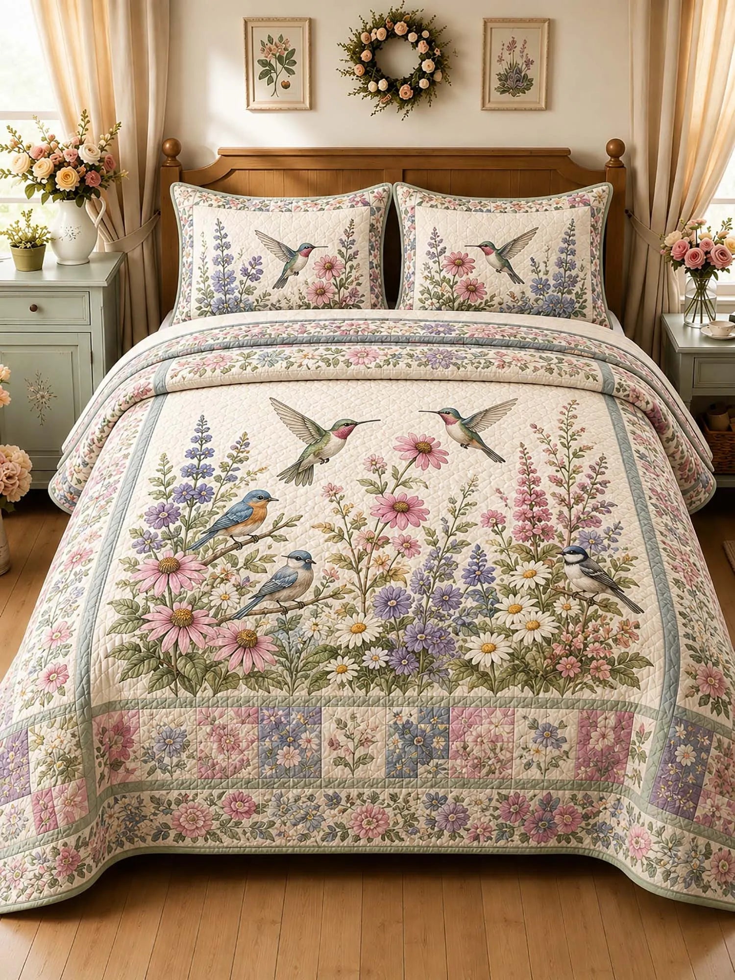Vintage Garden Bird Mixed Floral Patchwork 3‐Piece Quilted Bedding Set