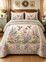 Vintage Garden Bird Mixed Floral Patchwork 3‐Piece Quilted Bedding Set