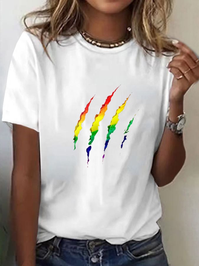Women's Rainbow Bear Paw Print Casual T-Shirt