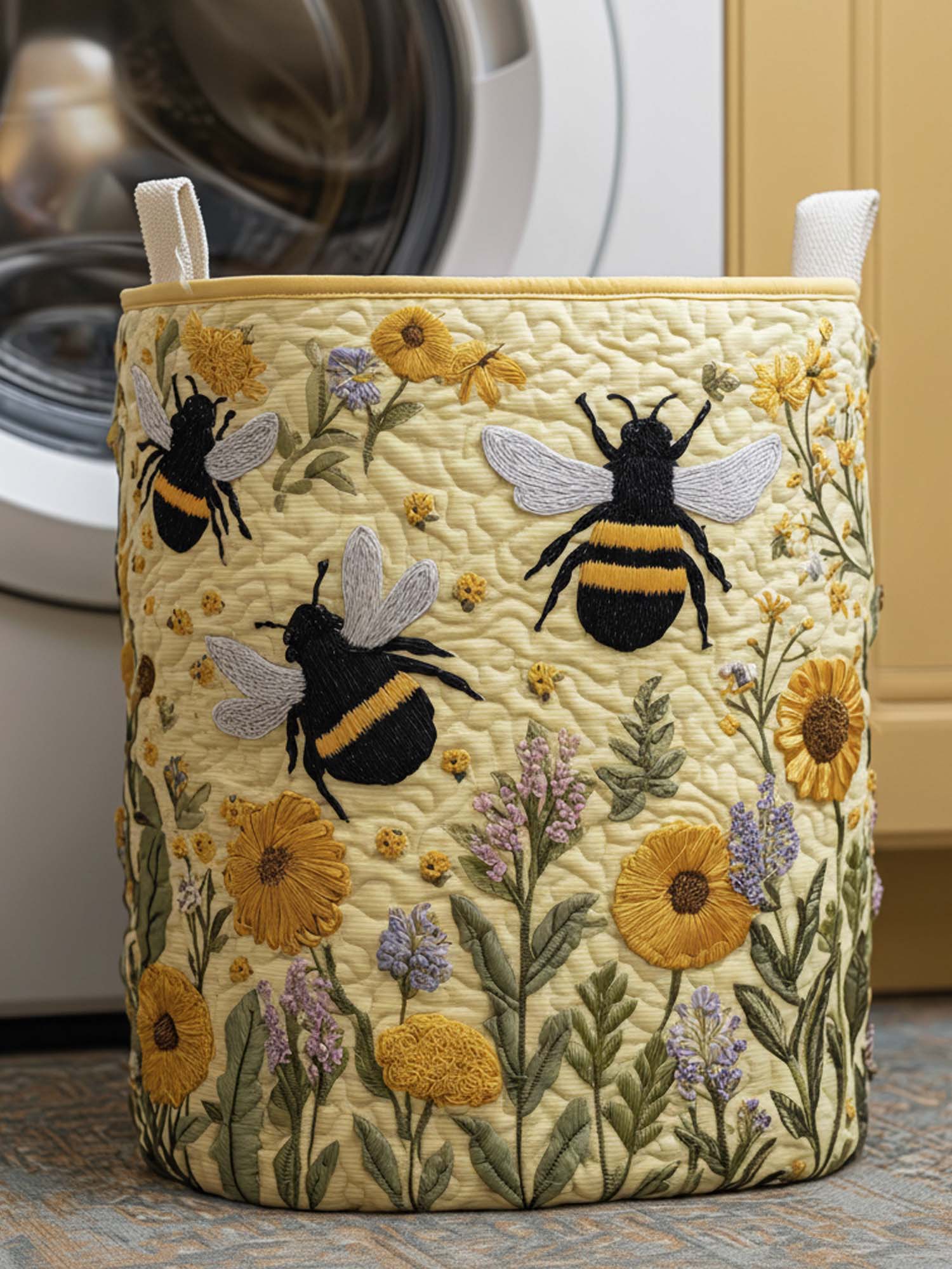Bee And Flower Quilted Laundry Basket