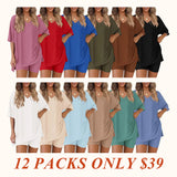V Neck 2 Piece Sets for Women Summer Lounge Short Set Spring Matching Biker Shorts Oversized Shirt Clothing