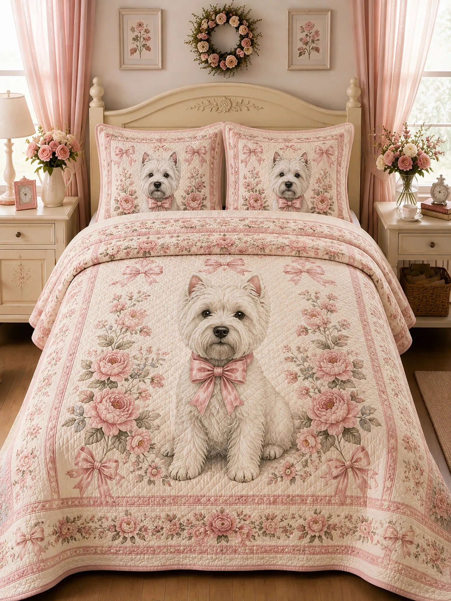 Vintage Westie Rose Bow 3‐Piece Quilted Bedding Set