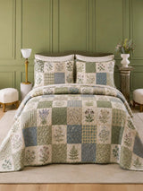 Herbal Garden Patchwork Quilted 3-Piece Bedding Set – Vintage Cottage Quilted Bedding With Matching Pillow Shams