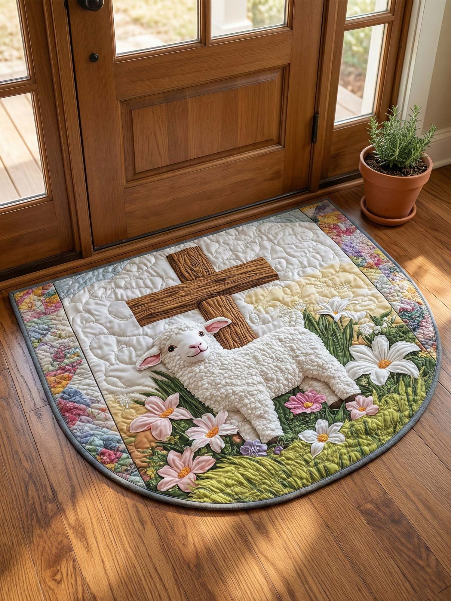 Sheep, Cross, Lilies Quilted Welcome Mat