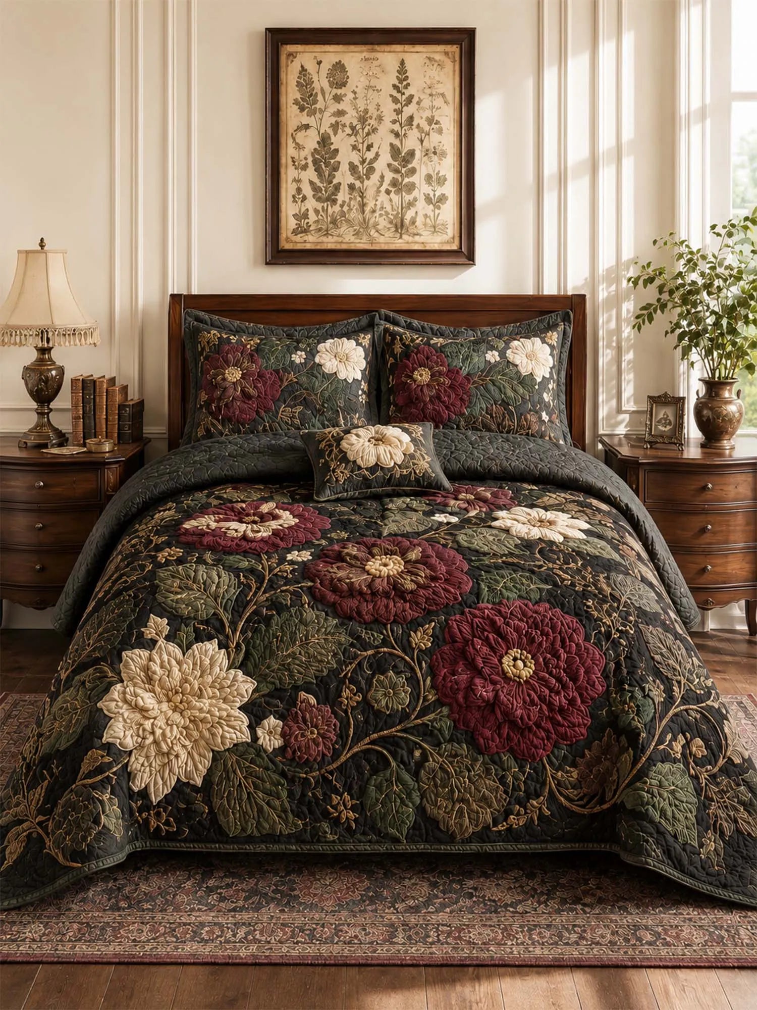 Dark Botanical Floral Quilted 3-Piece Bedding Set – Luxury Quilted Bedding with Matching Pillow Shams