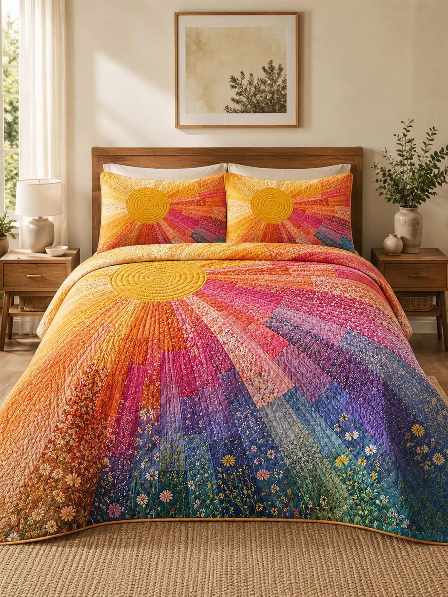 Rainbow Sunburst Quilted 3-Piece Bedding Set – Bohemian Vintage Quilted Bedding With Matching Pillow Shams
