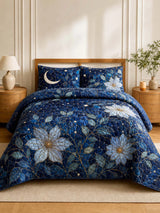 Moonlit Floral Quilted 3-Piece Bedding Set – Celestial Botanical Quilted Bedding With Matching Pillow Shams