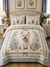 Vintage Westie Rose Bow 3‐Piece Quilted Bedding Set