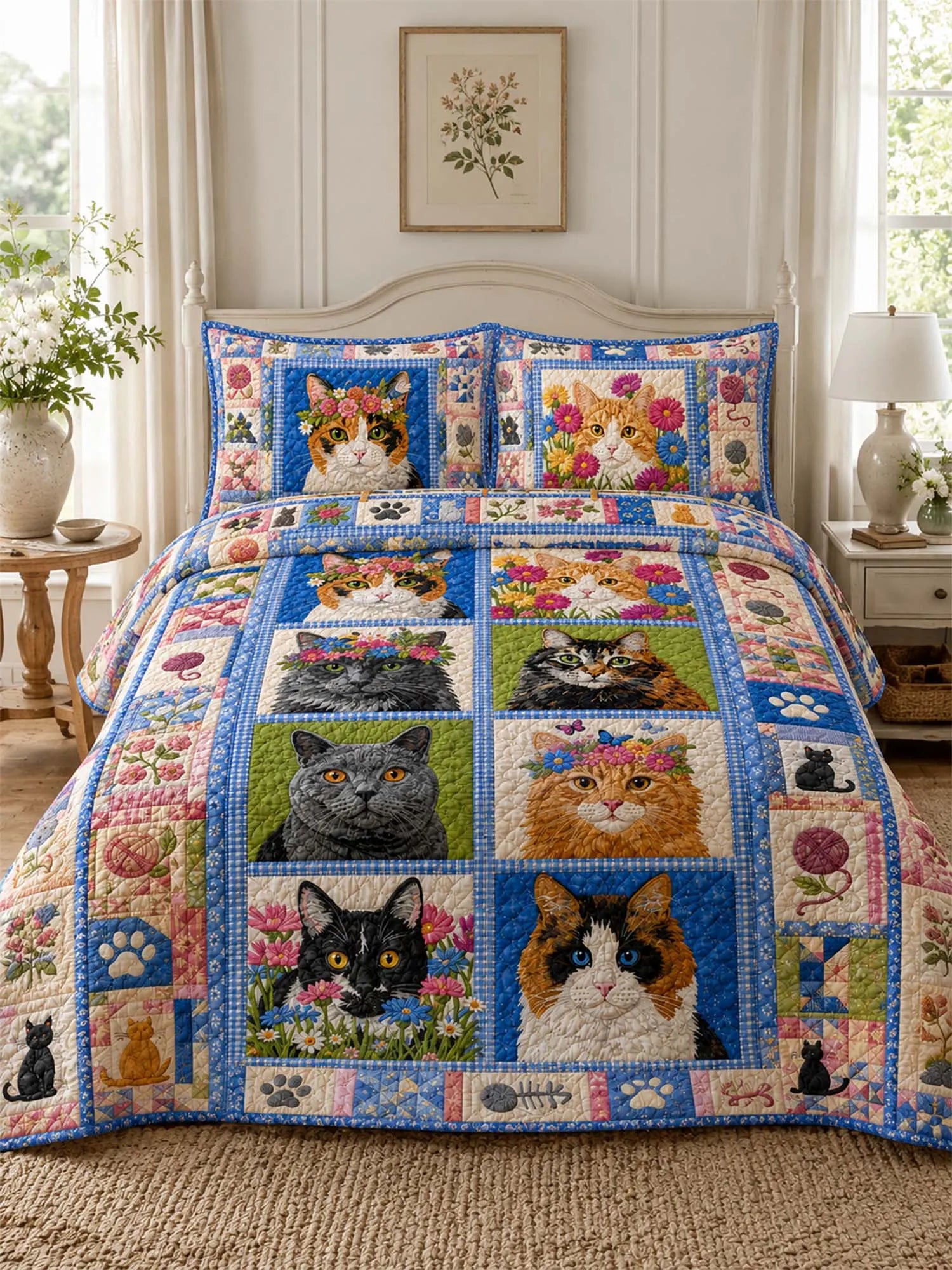Floral Cat Portrait Quilted 3-Piece Bedding Set