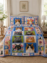 Floral Cat Portrait Quilted 3-Piece Bedding Set