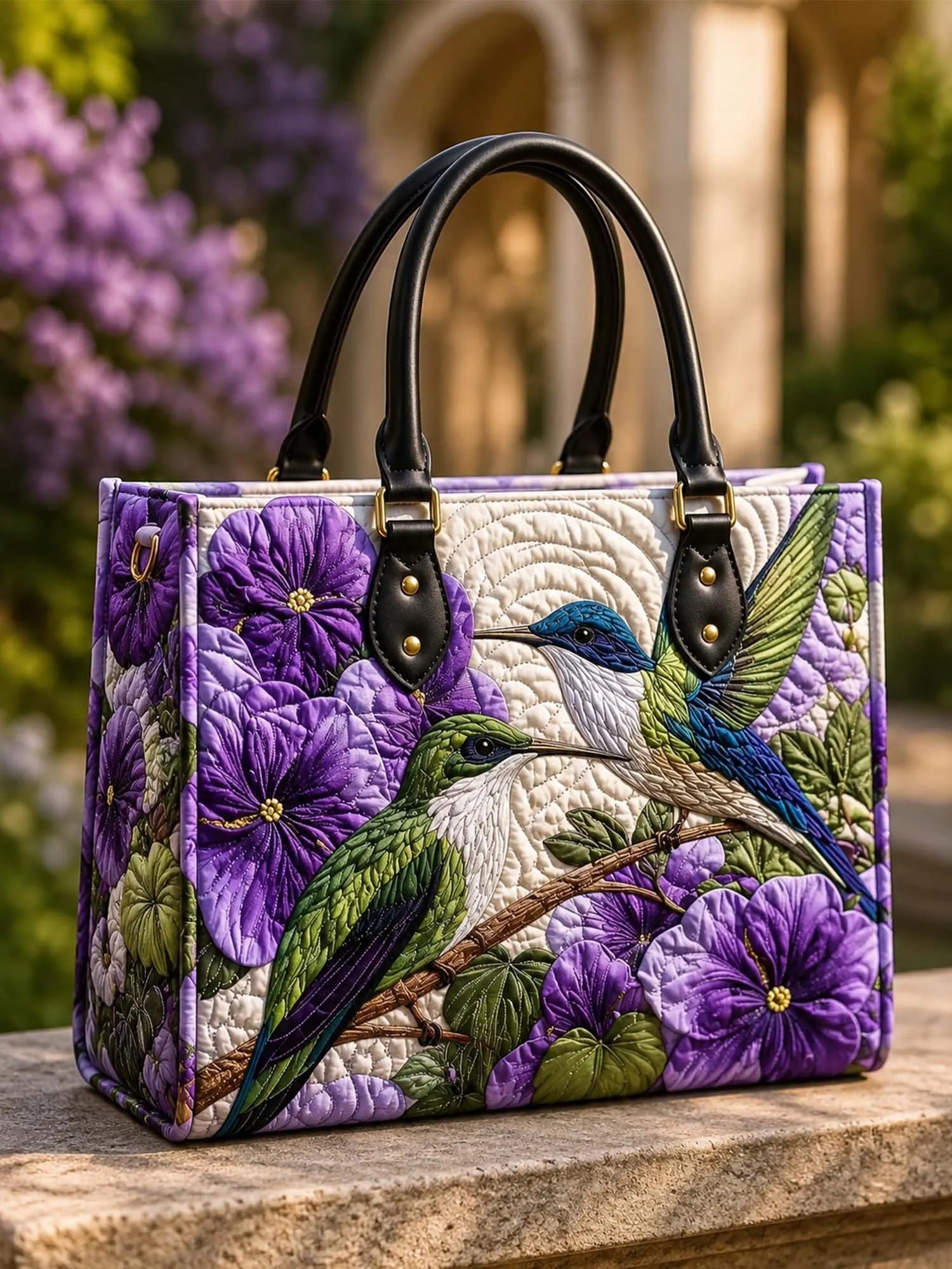 Flowers And Hummingbirds Quilted Leather Strap Bible Handbag