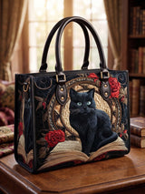 Book And The Black Cat Quilted Leather Strap Bible Handbag