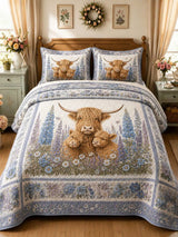 Highland Cow Family Floral Garden 3-Piece Quilted Bedding Set