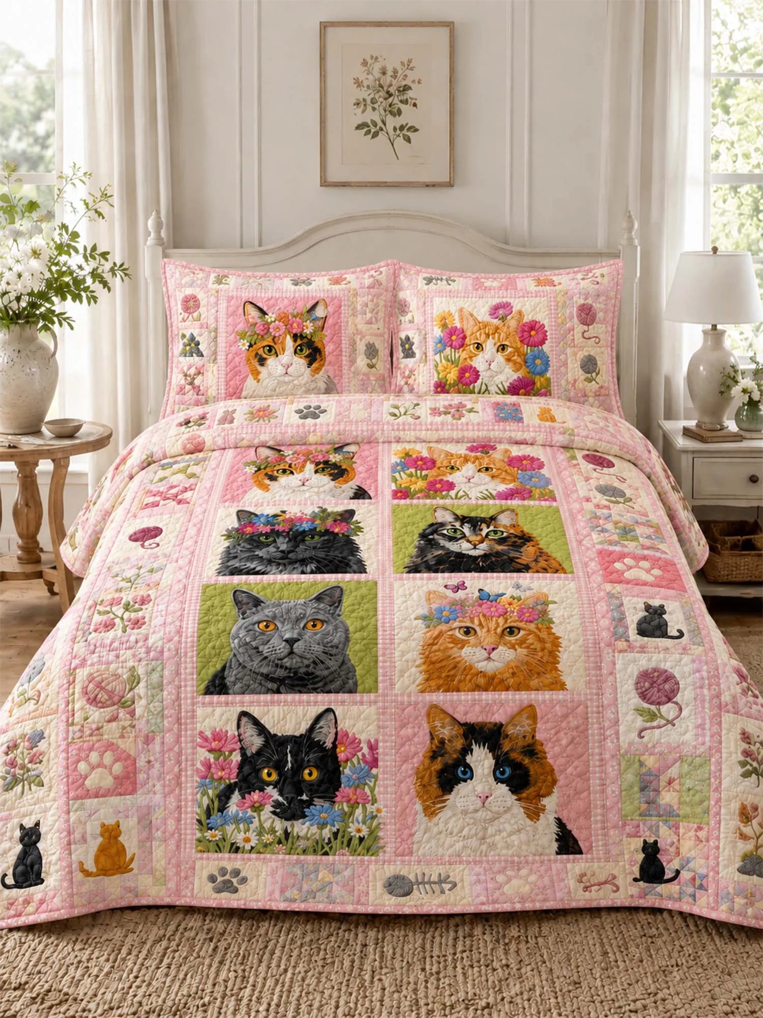 Floral Cat Portrait Quilted 3-Piece Bedding Set