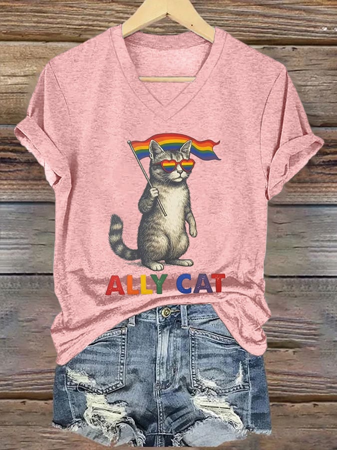 Women's Ally Cat Print V Neck T-Shirt