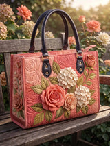Peony Hydrangea Floral Quilted Leather Strap Bible Handbag