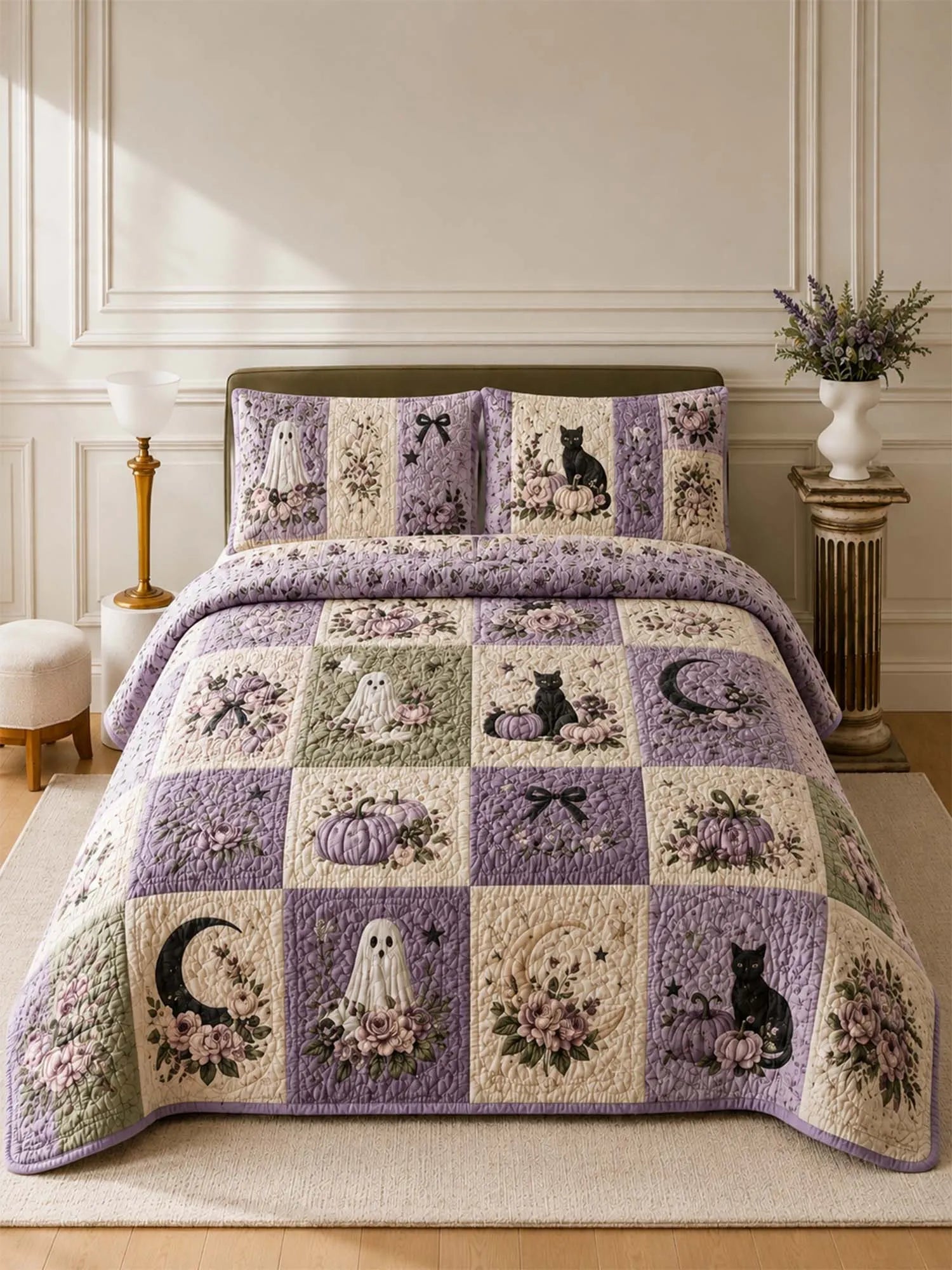 Pumpkin Cat Ghost Garden Quilted 3-Piece Bedding Set