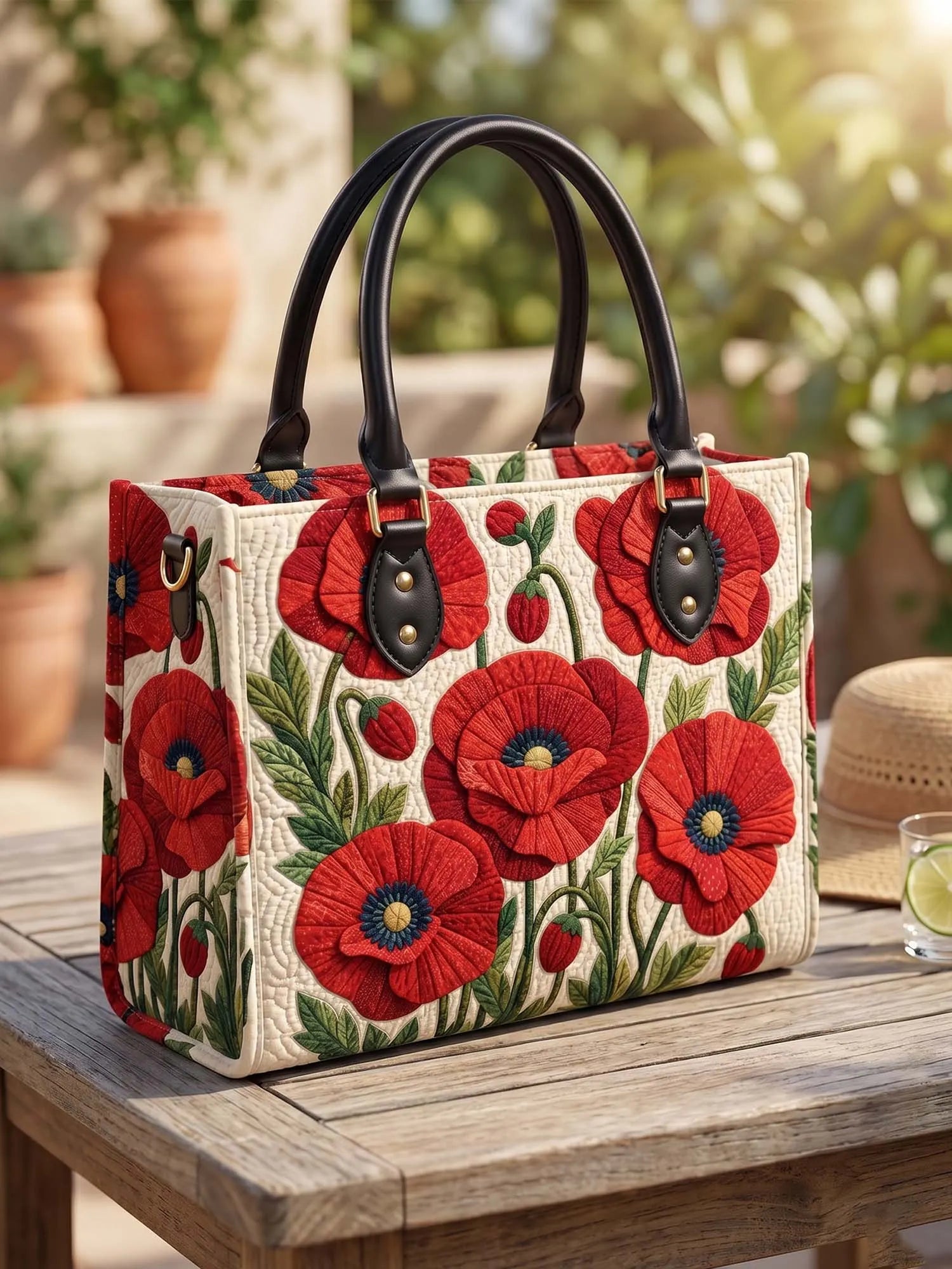 Red Poppy Flower Quilted Leather Strap Bible Handbag