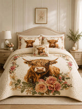 Highland Cow Rose Garden Quilted 3-Piece Bedding Set