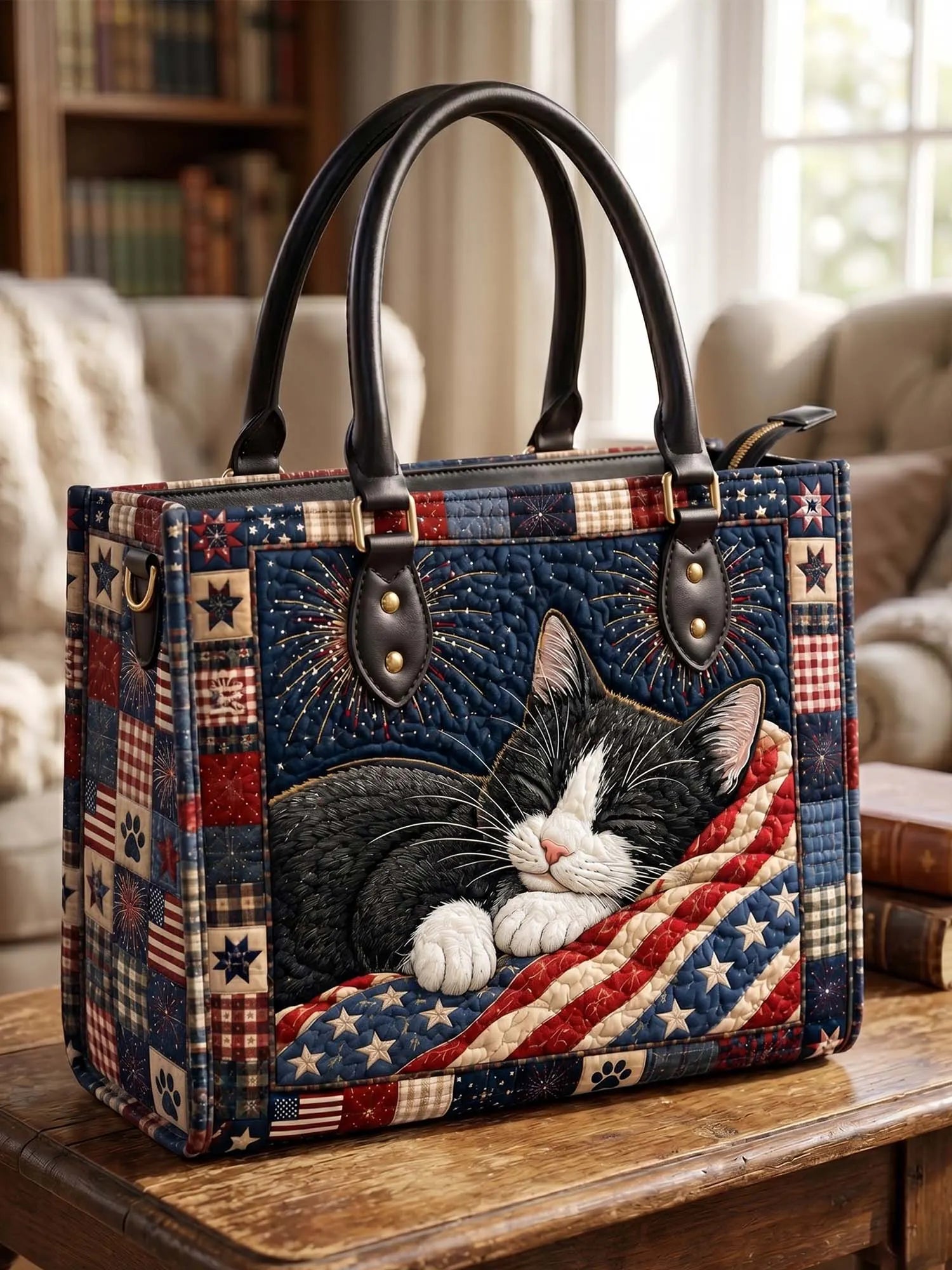 Patriotic Kitty Quilted Leather Strap Bible Handbag
