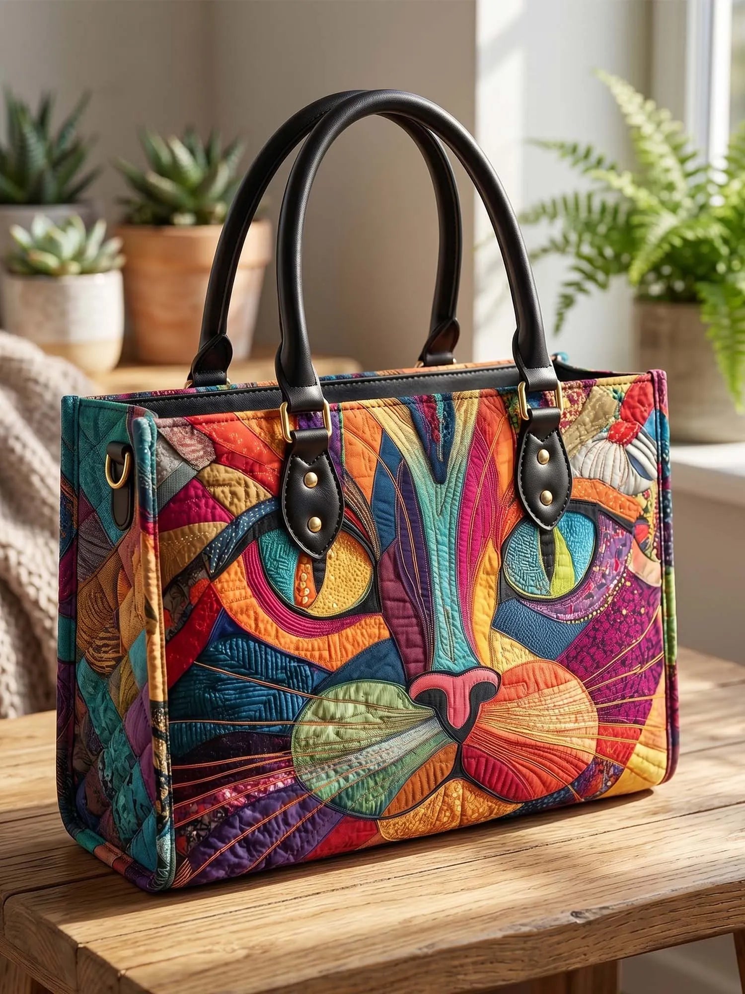 Colorful Cat Quilted Leather Strap Bible Handbag