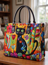 Black Cat Quilted Leather Strap Bible Handbag