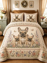 Flower‐Crown French Bulldog Family Garden 3‐Piece Quilted Bedding Set