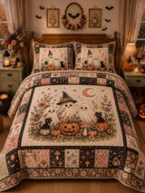 Cottage Ghost Pumpkin Black Cat Patchwork 3‐Piece Quilted Bedding Set